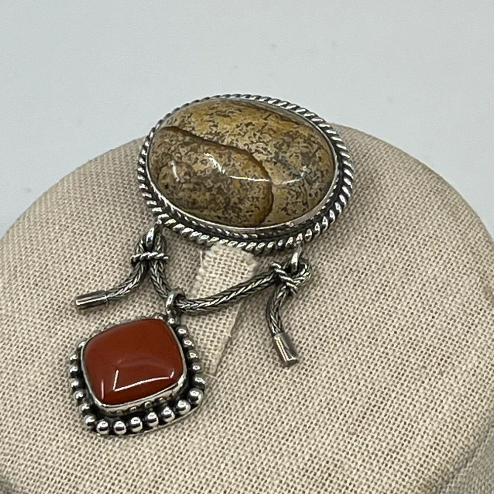 Vintage Sterling Silver Brooch Pendant with Red Jasper, Balinese QVC